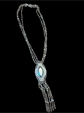 Vintage Boho Silver Multi Strand Tassel Marquise Crystal Necklace